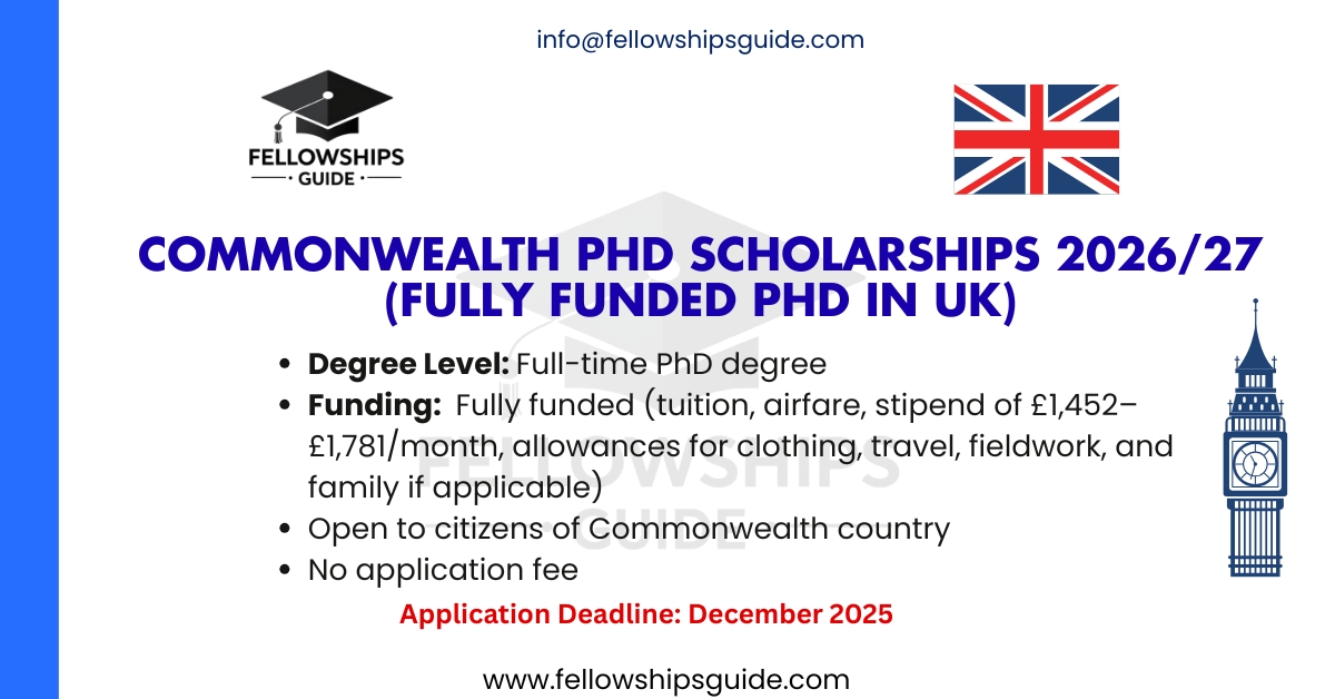 Commonwealth PhD Scholarships 2026/27 (Fully Funded PhD in UK)