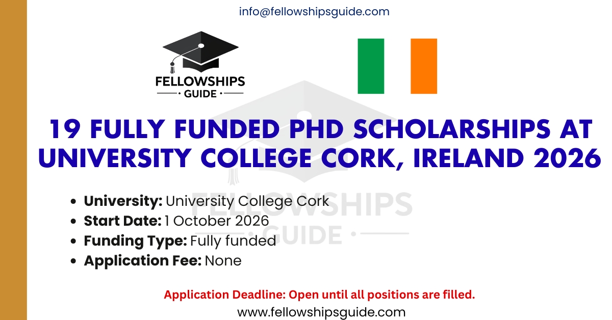 19 Fully Funded PhD Scholarships at University College Cork, Ireland 2026
